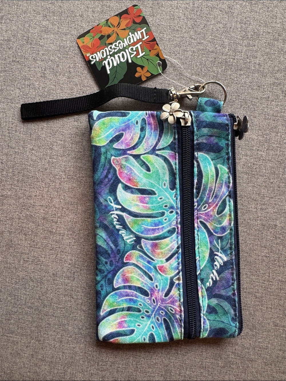 Impressions Blue Tropical Leaf Wristlet Cosmetic Bag